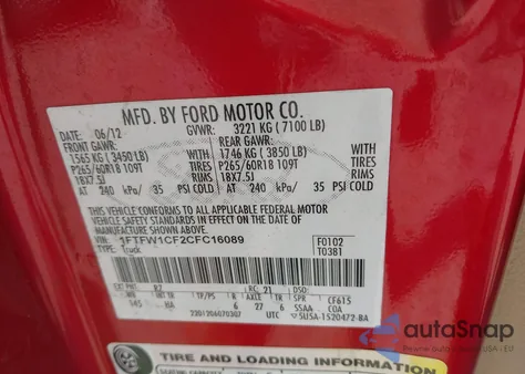 2012 Ford F-150 Lariat z USA, uszkodzony, nr VIN 1FTFW1CF2CFC16089